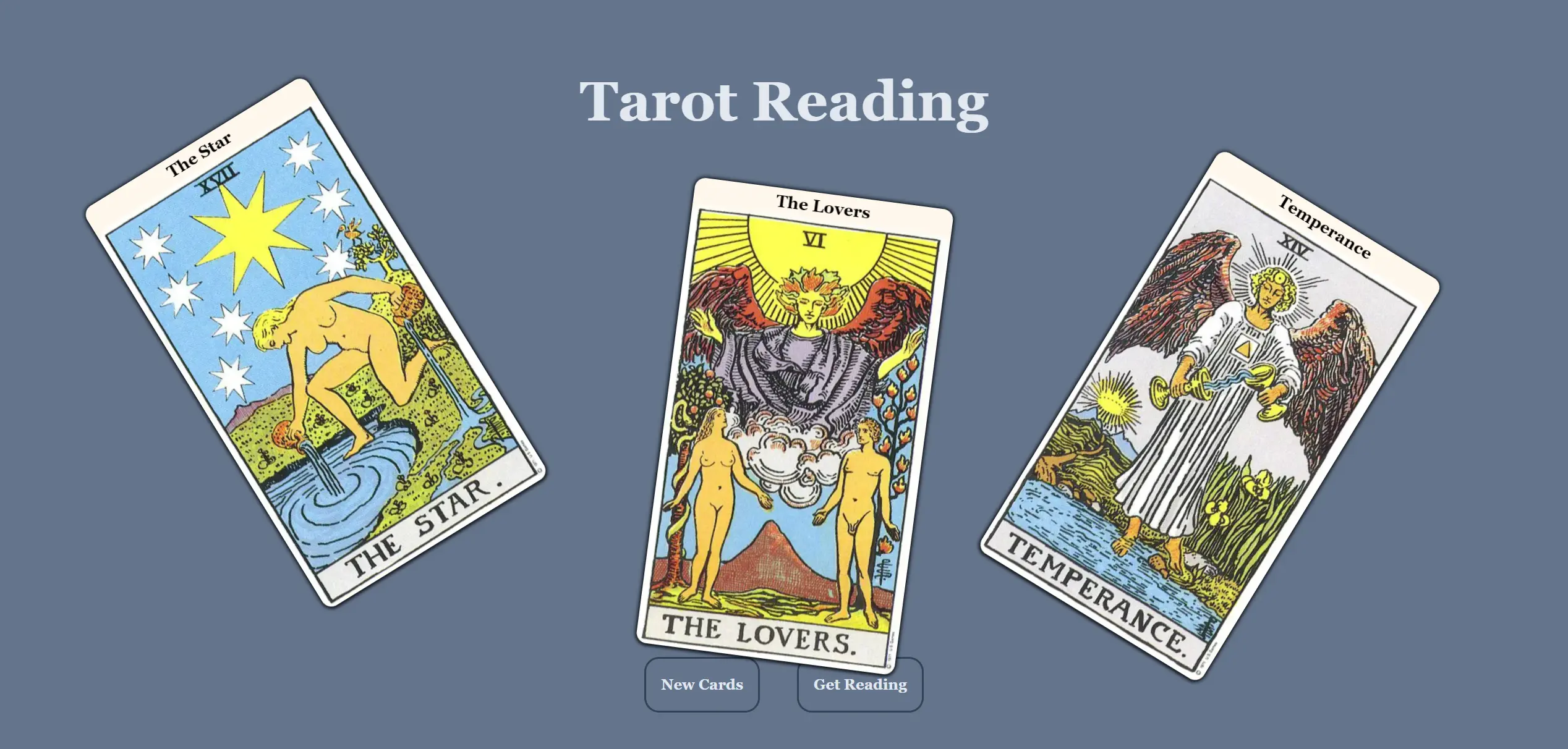 A Tarot card reading simulator, with fumbled around cards