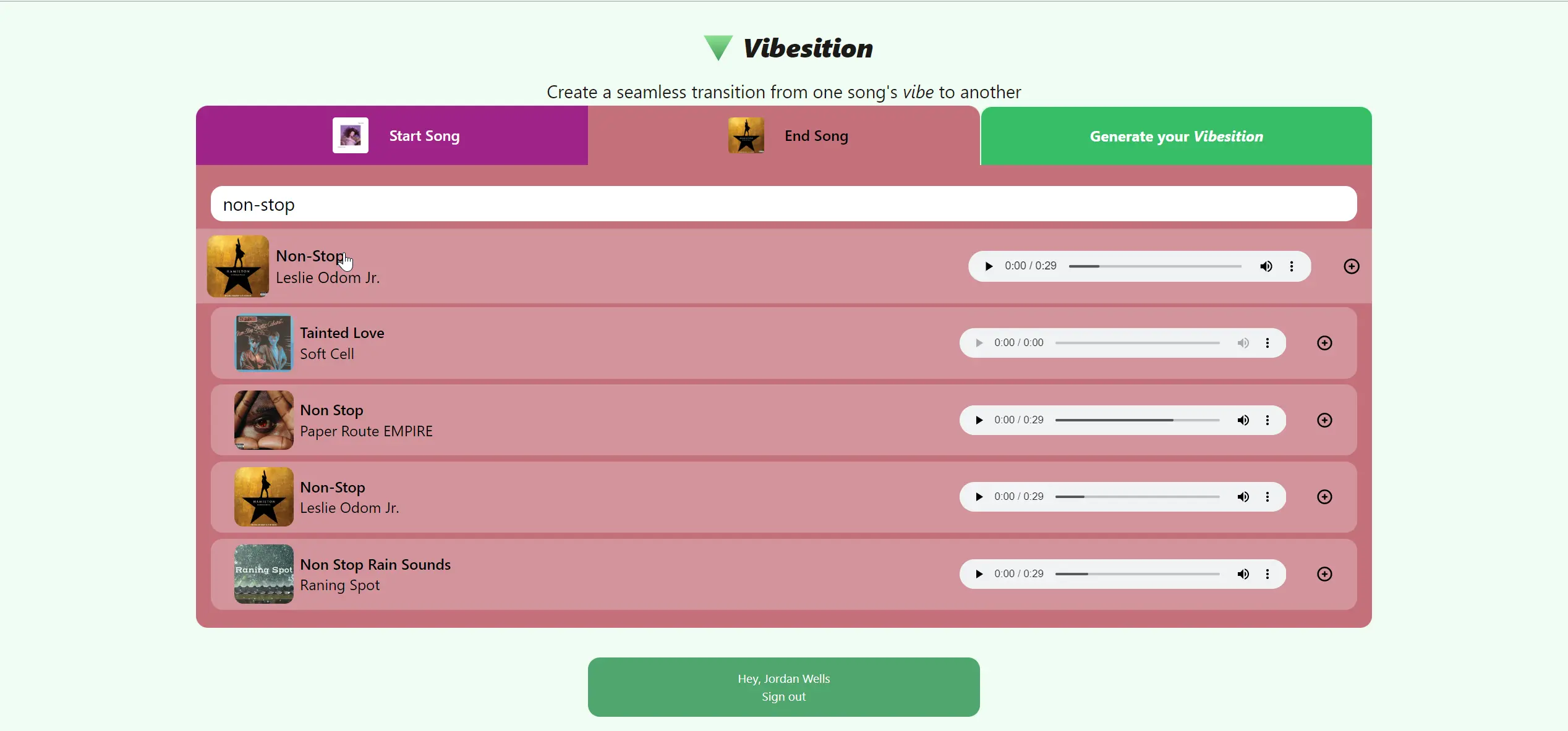 Choosing songs for vibesition